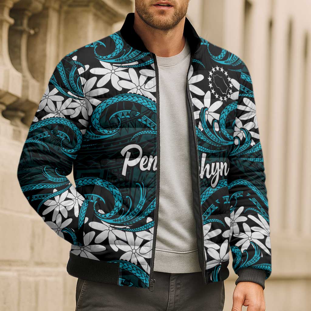 Personalised Cook Islands Penrhyn Atoll Bomber Puffer Jacket Tiare Maori Polynesian Waves Tattoo