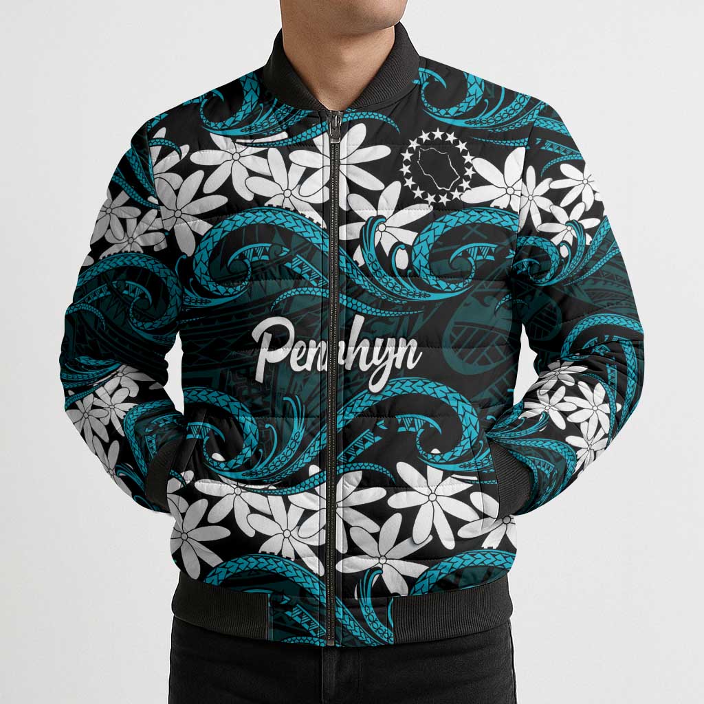 Personalised Cook Islands Penrhyn Atoll Bomber Puffer Jacket Tiare Maori Polynesian Waves Tattoo