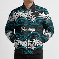 Personalised Cook Islands Penrhyn Atoll Bomber Puffer Jacket Tiare Maori Polynesian Waves Tattoo