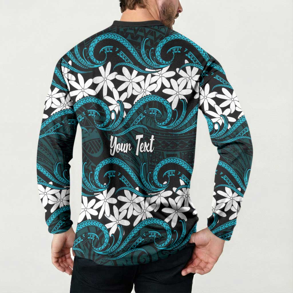 Personalised Cook Islands Penrhyn Atoll Button Sweatshirt Tiare Maori Polynesian Waves Tattoo LT14 - Polynesian Pride