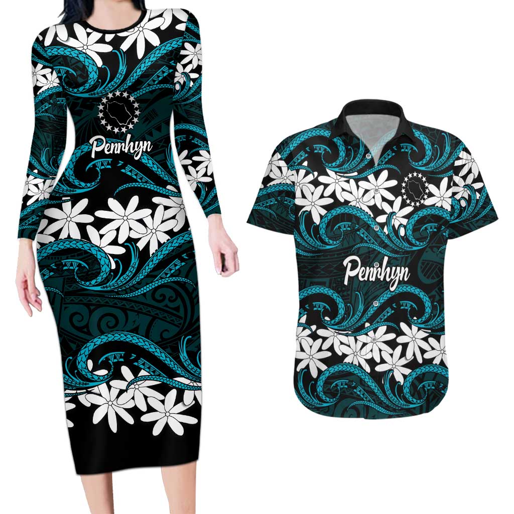 Personalised Cook Islands Penrhyn Atoll Couples Matching Long Sleeve Bodycon Dress and Hawaiian Shirt Tiare Maori Polynesian Waves Tattoo