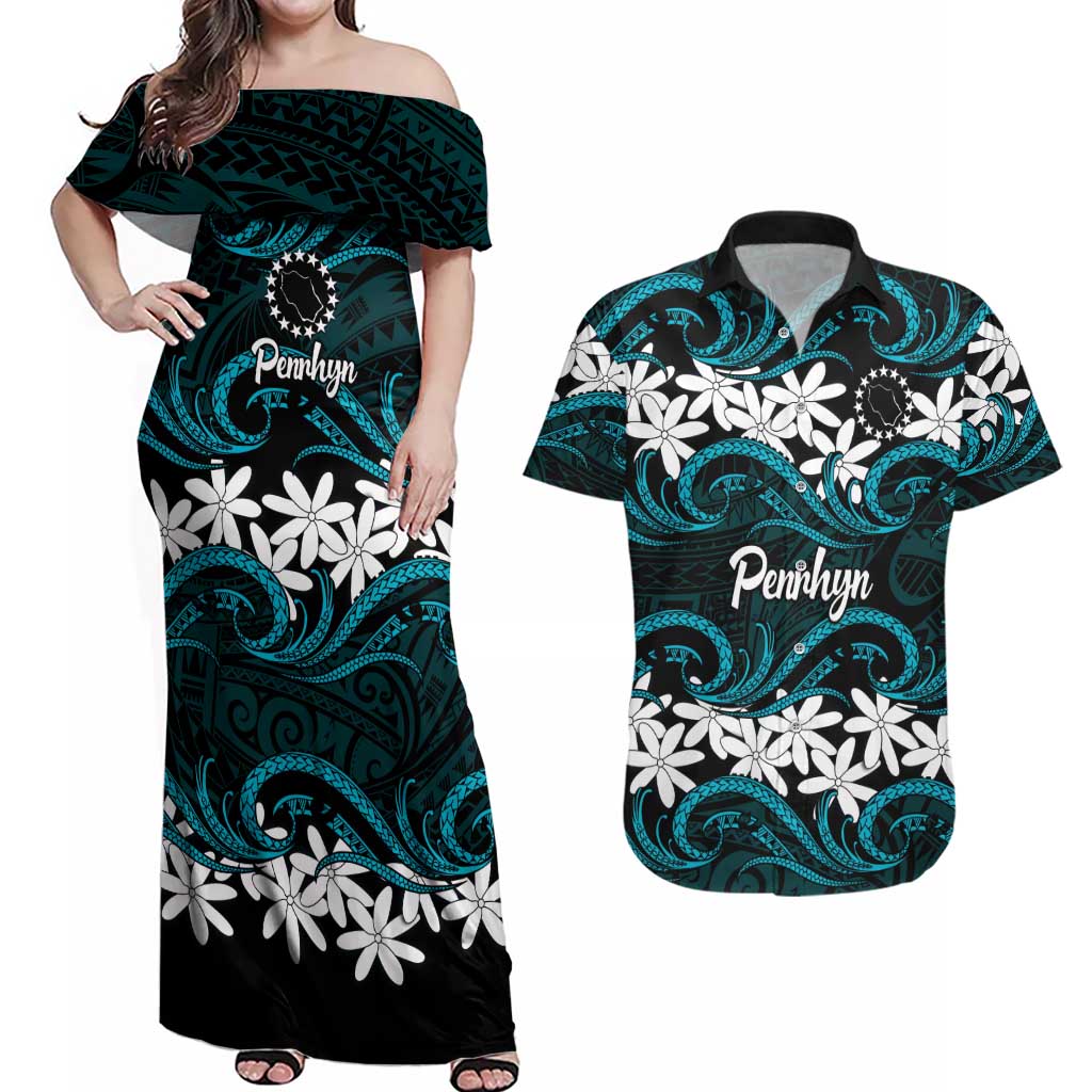 Personalised Cook Islands Penrhyn Atoll Couples Matching Off Shoulder Maxi Dress and Hawaiian Shirt Tiare Maori Polynesian Waves Tattoo LT14 Blue - Polynesian Pride