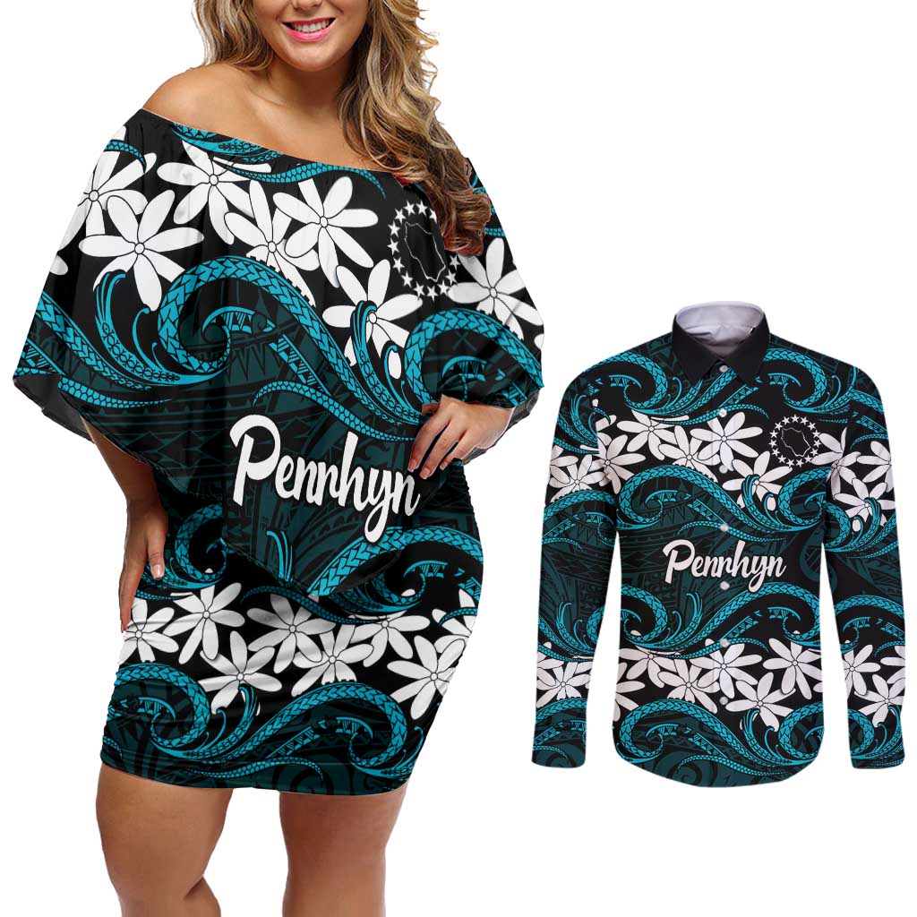 Personalised Cook Islands Penrhyn Atoll Couples Matching Off Shoulder Short Dress and Long Sleeve Button Shirt Tiare Maori Polynesian Waves Tattoo LT14 Blue - Polynesian Pride