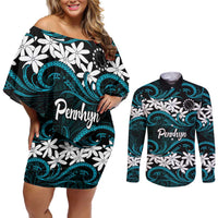 Personalised Cook Islands Penrhyn Atoll Couples Matching Off Shoulder Short Dress and Long Sleeve Button Shirt Tiare Maori Polynesian Waves Tattoo