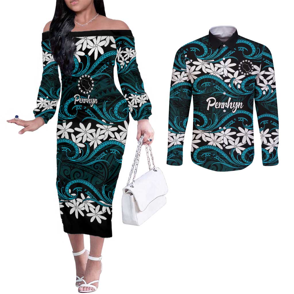 Personalised Cook Islands Penrhyn Atoll Couples Matching Off The Shoulder Long Sleeve Dress and Long Sleeve Button Shirt Tiare Maori Polynesian Waves Tattoo