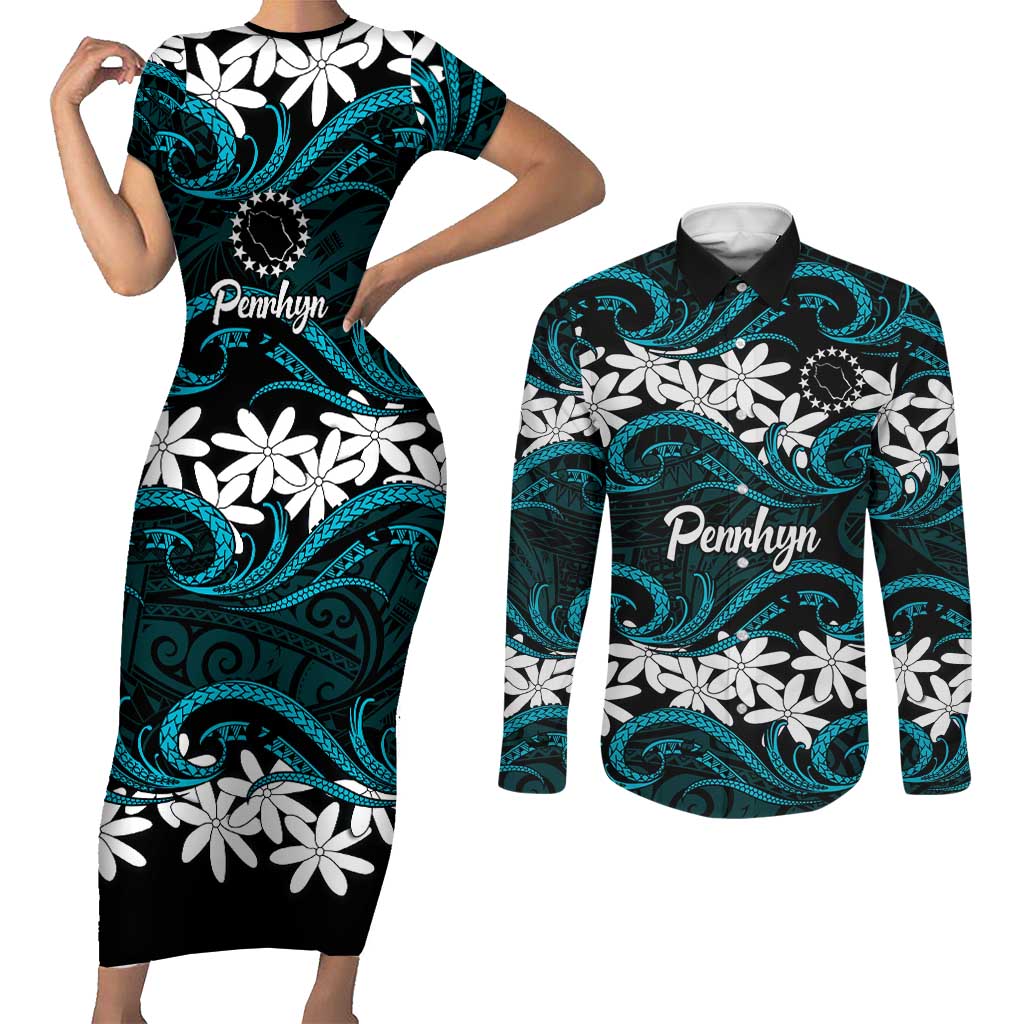 Personalised Cook Islands Penrhyn Atoll Couples Matching Short Sleeve Bodycon Dress and Long Sleeve Button Shirt Tiare Maori Polynesian Waves Tattoo LT14 Blue - Polynesian Pride