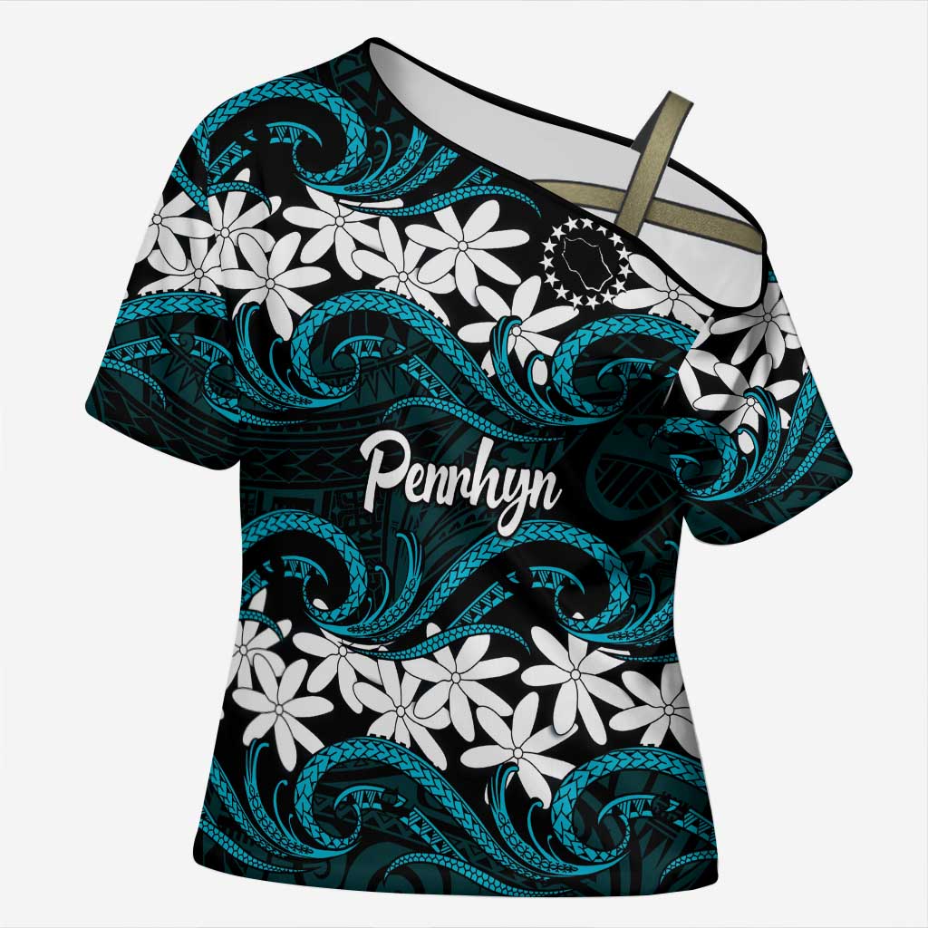 Personalised Cook Islands Penrhyn Atoll Cross Shoulder Shirt Tiare Maori Polynesian Waves Tattoo LT14 Female Blue - Polynesian Pride