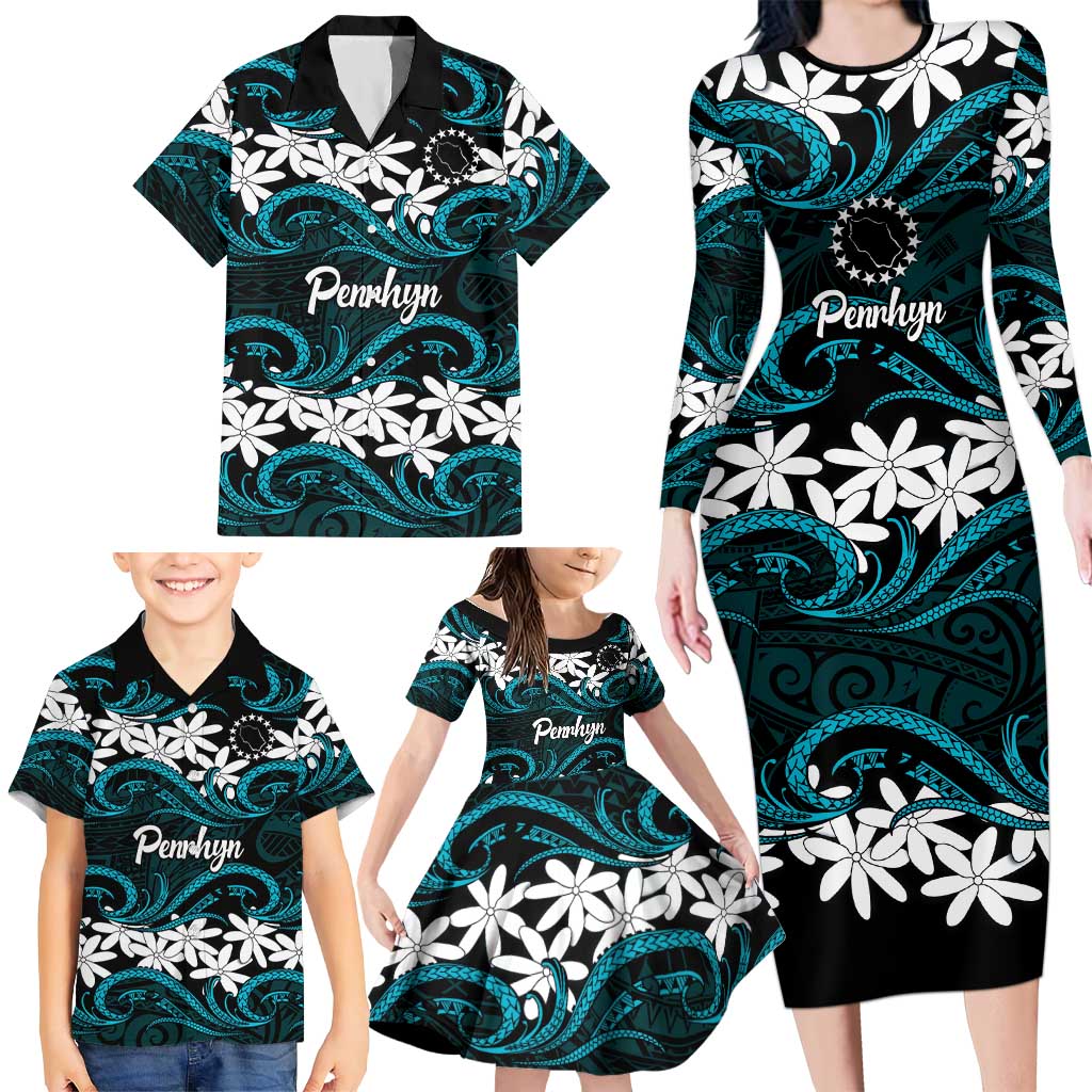 Personalised Cook Islands Penrhyn Atoll Family Matching Long Sleeve Bodycon Dress and Hawaiian Shirt Tiare Maori Polynesian Waves Tattoo LT14 - Polynesian Pride