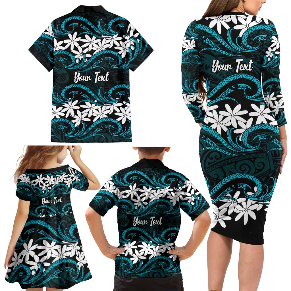 Personalised Cook Islands Penrhyn Atoll Family Matching Long Sleeve Bodycon Dress and Hawaiian Shirt Tiare Maori Polynesian Waves Tattoo