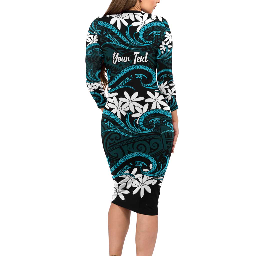 Personalised Cook Islands Penrhyn Atoll Family Matching Long Sleeve Bodycon Dress and Hawaiian Shirt Tiare Maori Polynesian Waves Tattoo
