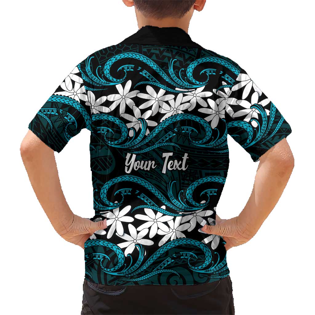Personalised Cook Islands Penrhyn Atoll Family Matching Off The Shoulder Long Sleeve Dress and Hawaiian Shirt Tiare Maori Polynesian Waves Tattoo