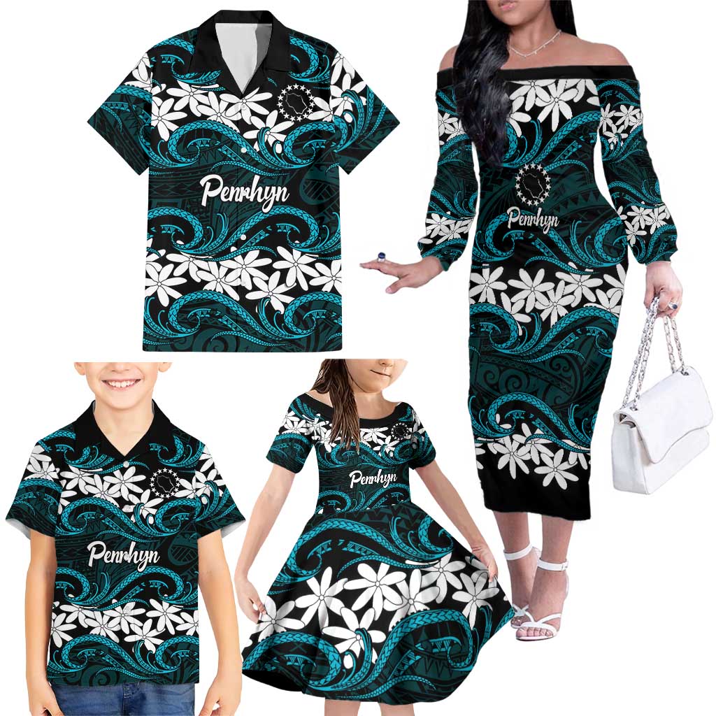Personalised Cook Islands Penrhyn Atoll Family Matching Off The Shoulder Long Sleeve Dress and Hawaiian Shirt Tiare Maori Polynesian Waves Tattoo LT14 - Polynesian Pride