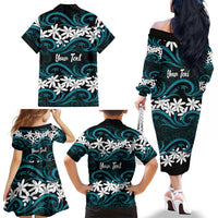 Personalised Cook Islands Penrhyn Atoll Family Matching Off The Shoulder Long Sleeve Dress and Hawaiian Shirt Tiare Maori Polynesian Waves Tattoo