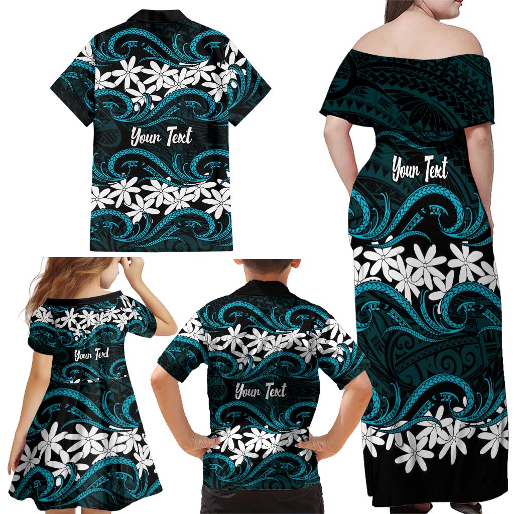 Personalised Cook Islands Penrhyn Atoll Family Matching Off Shoulder Maxi Dress and Hawaiian Shirt Tiare Maori Polynesian Waves Tattoo