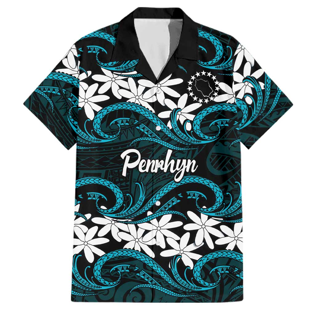 Personalised Cook Islands Penrhyn Atoll Family Matching Off Shoulder Maxi Dress and Hawaiian Shirt Tiare Maori Polynesian Waves Tattoo