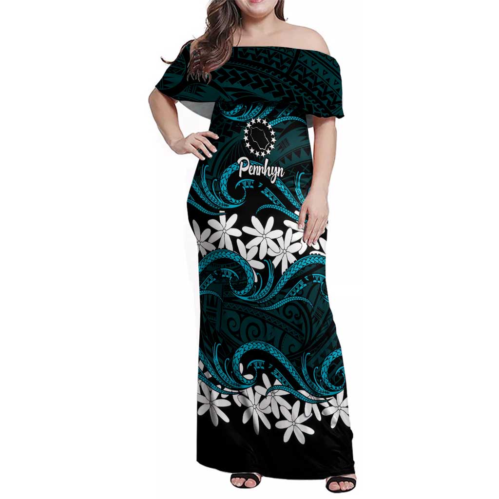 Personalised Cook Islands Penrhyn Atoll Family Matching Off Shoulder Maxi Dress and Hawaiian Shirt Tiare Maori Polynesian Waves Tattoo