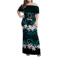 Personalised Cook Islands Penrhyn Atoll Family Matching Off Shoulder Maxi Dress and Hawaiian Shirt Tiare Maori Polynesian Waves Tattoo