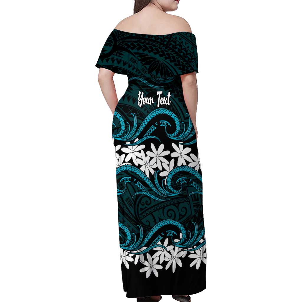 Personalised Cook Islands Penrhyn Atoll Family Matching Off Shoulder Maxi Dress and Hawaiian Shirt Tiare Maori Polynesian Waves Tattoo