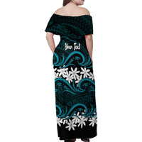 Personalised Cook Islands Penrhyn Atoll Family Matching Off Shoulder Maxi Dress and Hawaiian Shirt Tiare Maori Polynesian Waves Tattoo