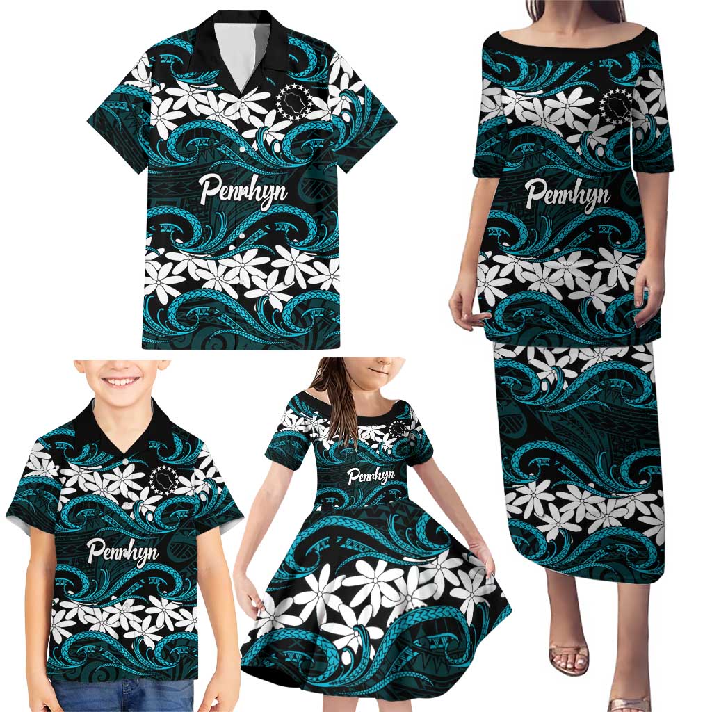 Personalised Cook Islands Penrhyn Atoll Family Matching Puletasi and Hawaiian Shirt Tiare Maori Polynesian Waves Tattoo