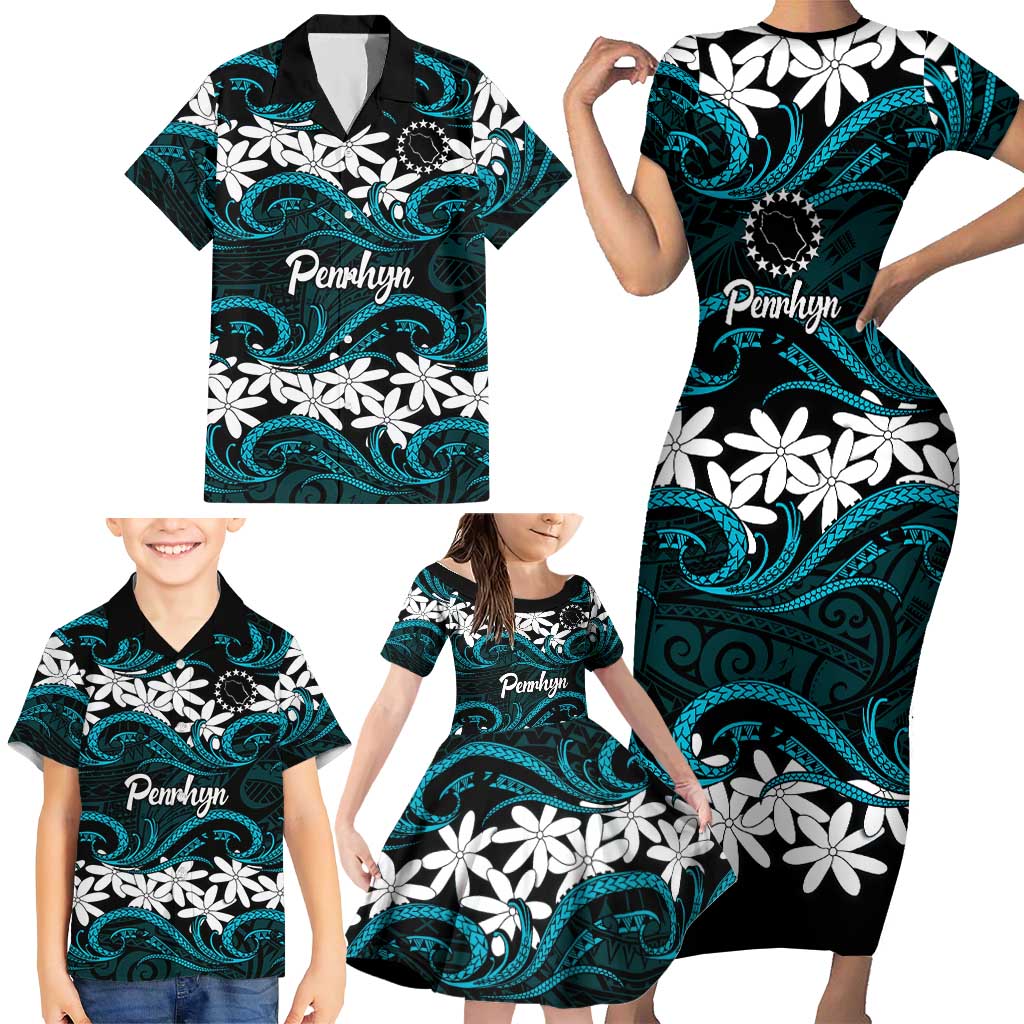 Personalised Cook Islands Penrhyn Atoll Family Matching Short Sleeve Bodycon Dress and Hawaiian Shirt Tiare Maori Polynesian Waves Tattoo LT14 - Polynesian Pride