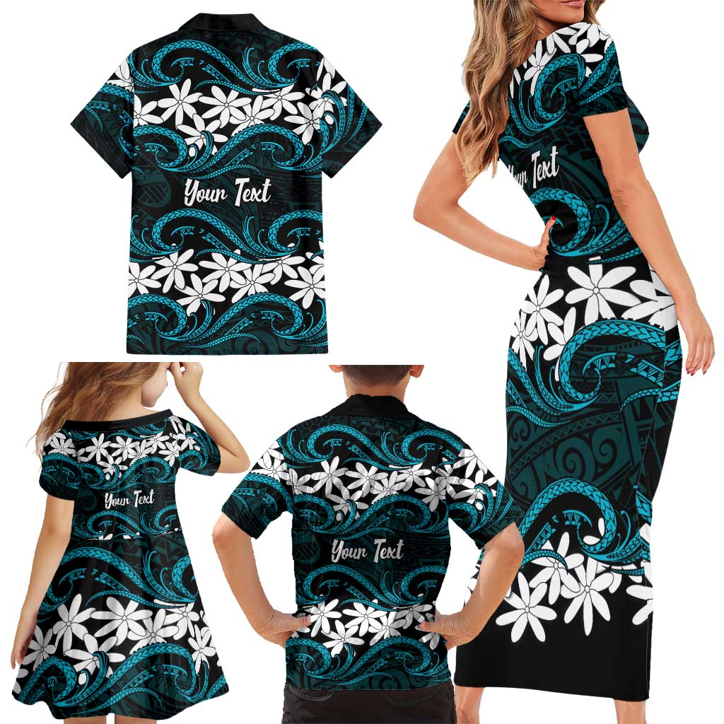 Personalised Cook Islands Penrhyn Atoll Family Matching Short Sleeve Bodycon Dress and Hawaiian Shirt Tiare Maori Polynesian Waves Tattoo