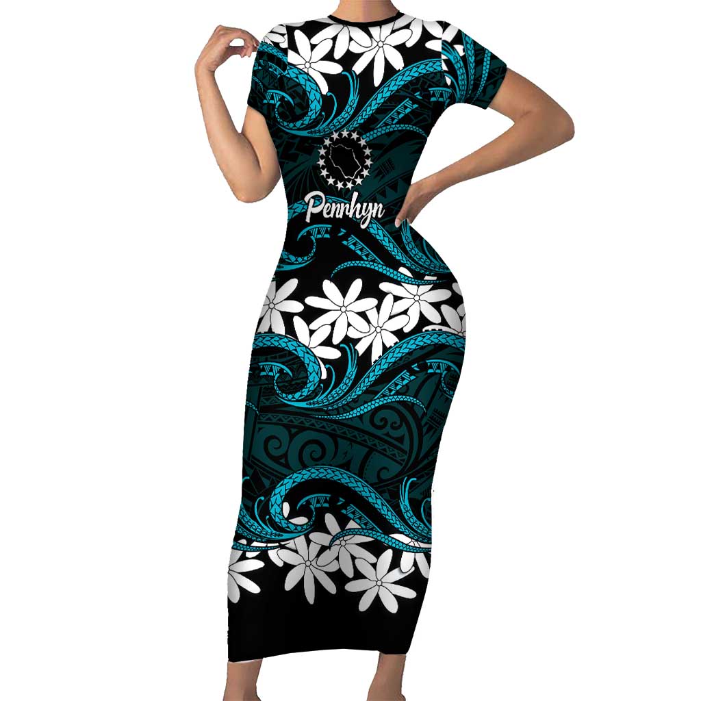 Personalised Cook Islands Penrhyn Atoll Family Matching Short Sleeve Bodycon Dress and Hawaiian Shirt Tiare Maori Polynesian Waves Tattoo