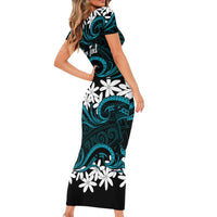 Personalised Cook Islands Penrhyn Atoll Family Matching Short Sleeve Bodycon Dress and Hawaiian Shirt Tiare Maori Polynesian Waves Tattoo