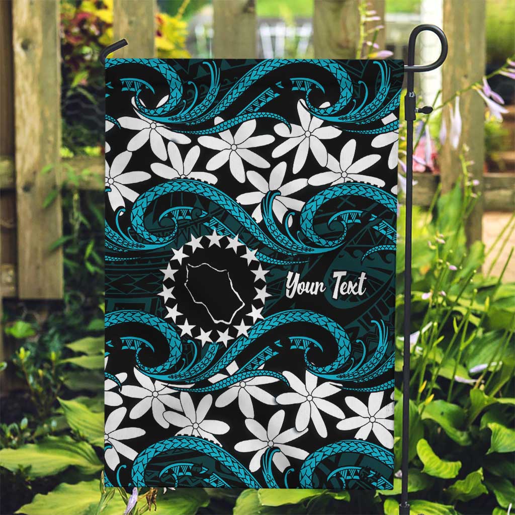 Personalised Cook Islands Penrhyn Atoll Garden Flag Tiare Maori Polynesian Waves Tattoo LT14 Garden Flag Blue - Polynesian Pride