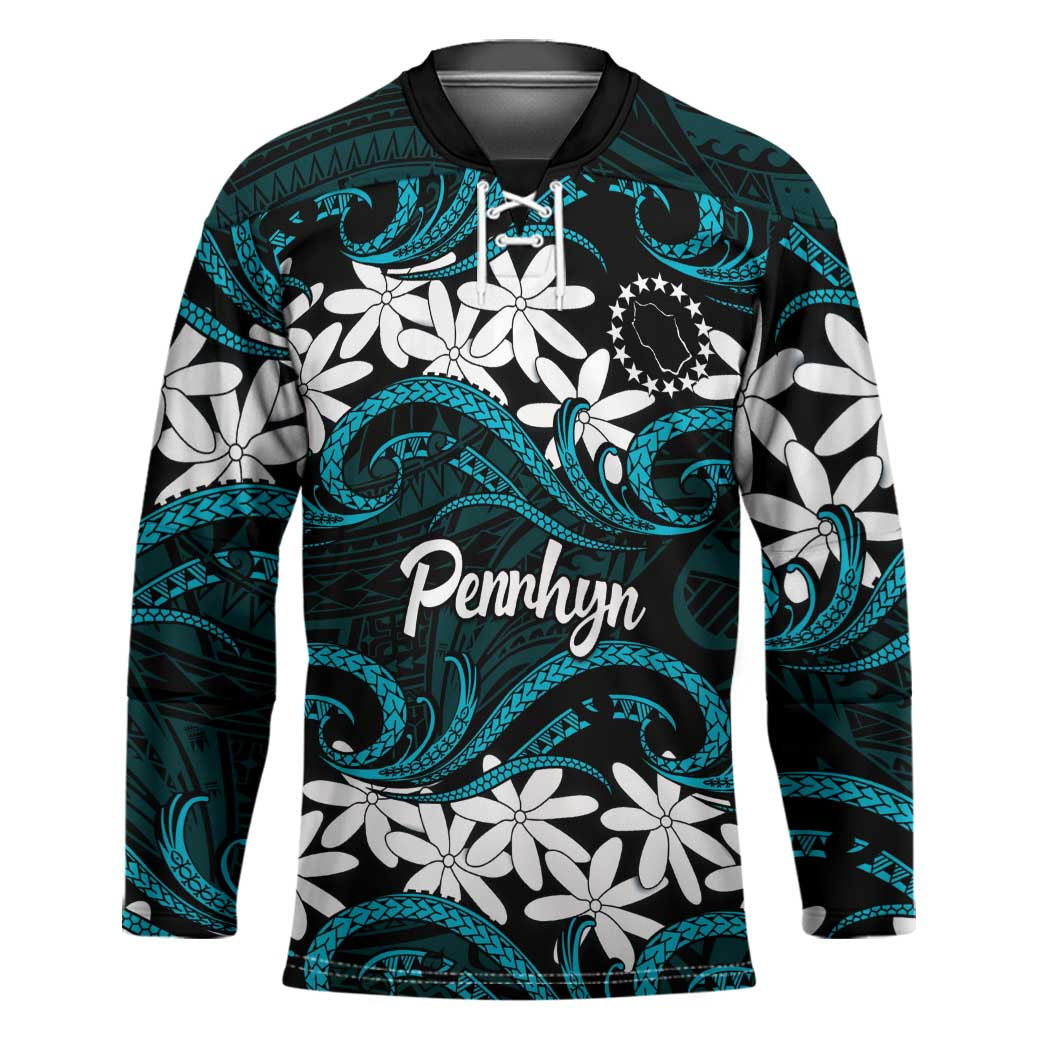 Personalised Cook Islands Penrhyn Atoll Hockey Jersey Tiare Maori Polynesian Waves Tattoo LT14 Unisex Blue - Polynesian Pride