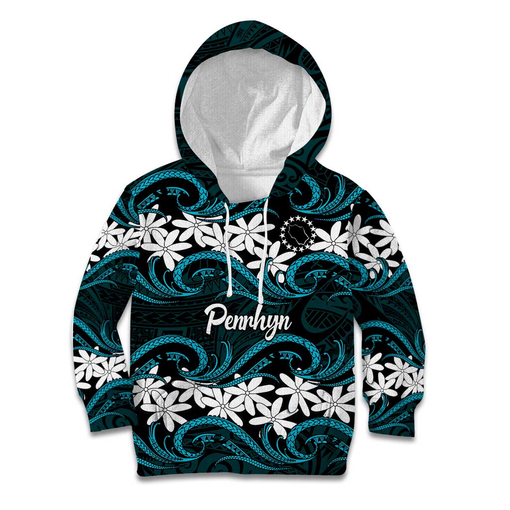 Personalised Cook Islands Penrhyn Atoll Kid Hoodie Tiare Maori Polynesian Waves Tattoo LT14 Hoodie Blue - Polynesian Pride