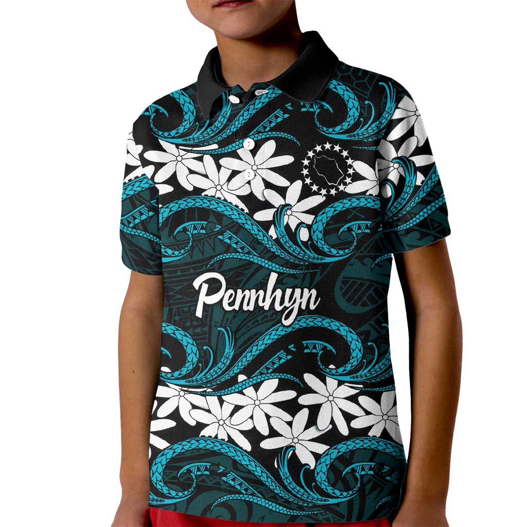 Personalised Cook Islands Penrhyn Atoll Kid Polo Shirt Tiare Maori Polynesian Waves Tattoo LT14 Kid Blue - Polynesian Pride