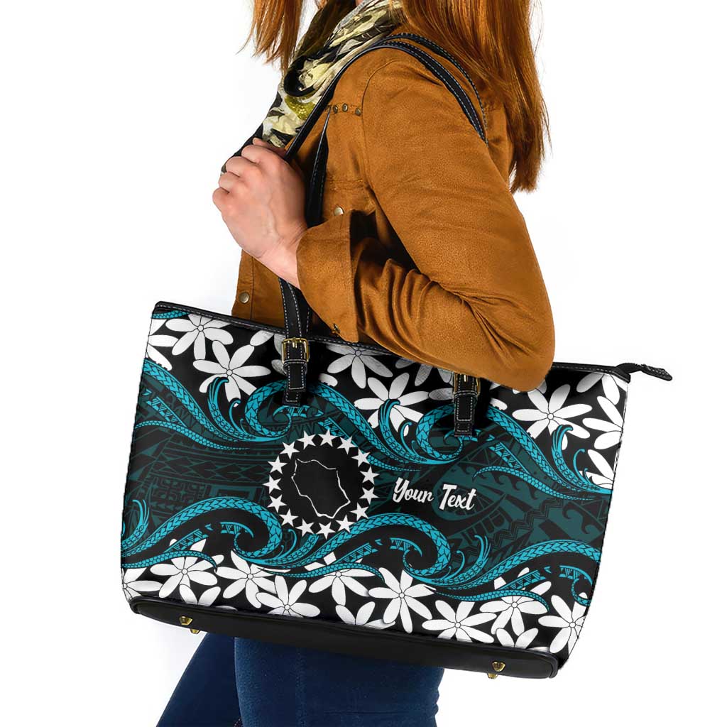 Personalised Cook Islands Penrhyn Atoll Leather Tote Bag Tiare Maori Polynesian Waves Tattoo LT14 Blue - Polynesian Pride