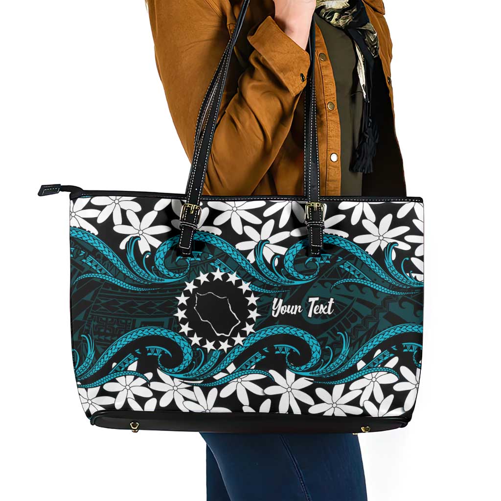 Personalised Cook Islands Penrhyn Atoll Leather Tote Bag Tiare Maori Polynesian Waves Tattoo LT14 - Polynesian Pride