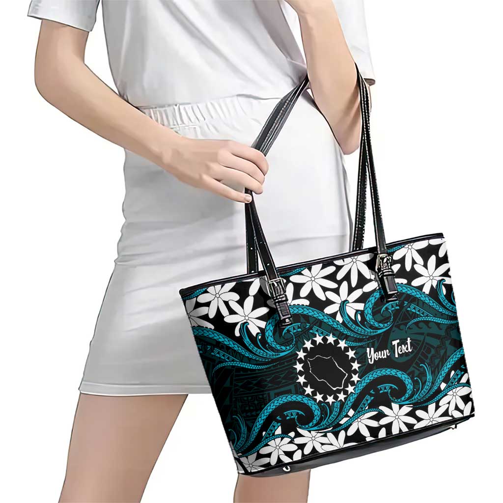 Personalised Cook Islands Penrhyn Atoll Leather Tote Bag Tiare Maori Polynesian Waves Tattoo LT14 - Polynesian Pride