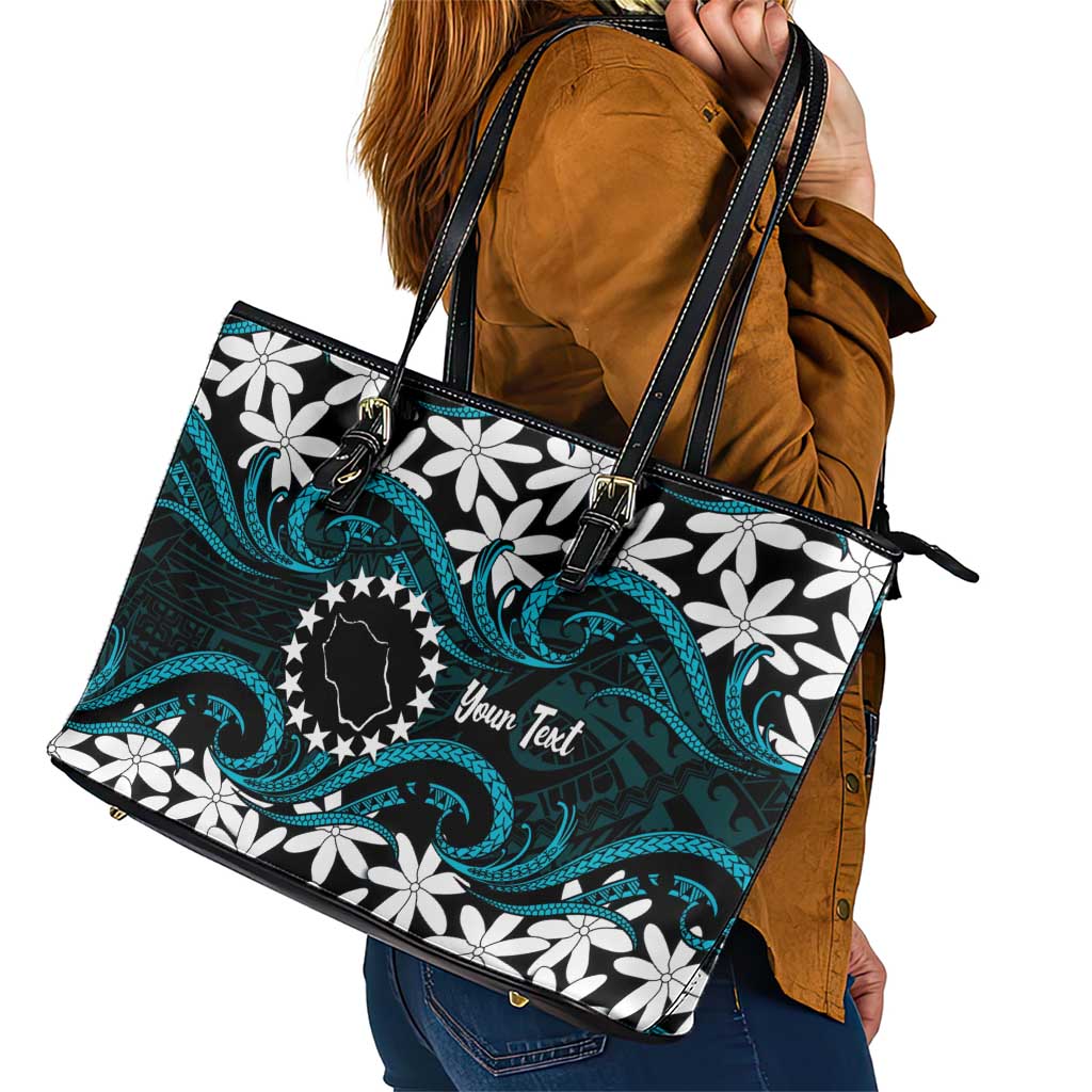 Personalised Cook Islands Penrhyn Atoll Leather Tote Bag Tiare Maori Polynesian Waves Tattoo LT14 - Polynesian Pride