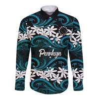 Personalised Cook Islands Penrhyn Atoll Long Sleeve Button Shirt Tiare Maori Polynesian Waves Tattoo LT14 Unisex Blue - Polynesian Pride