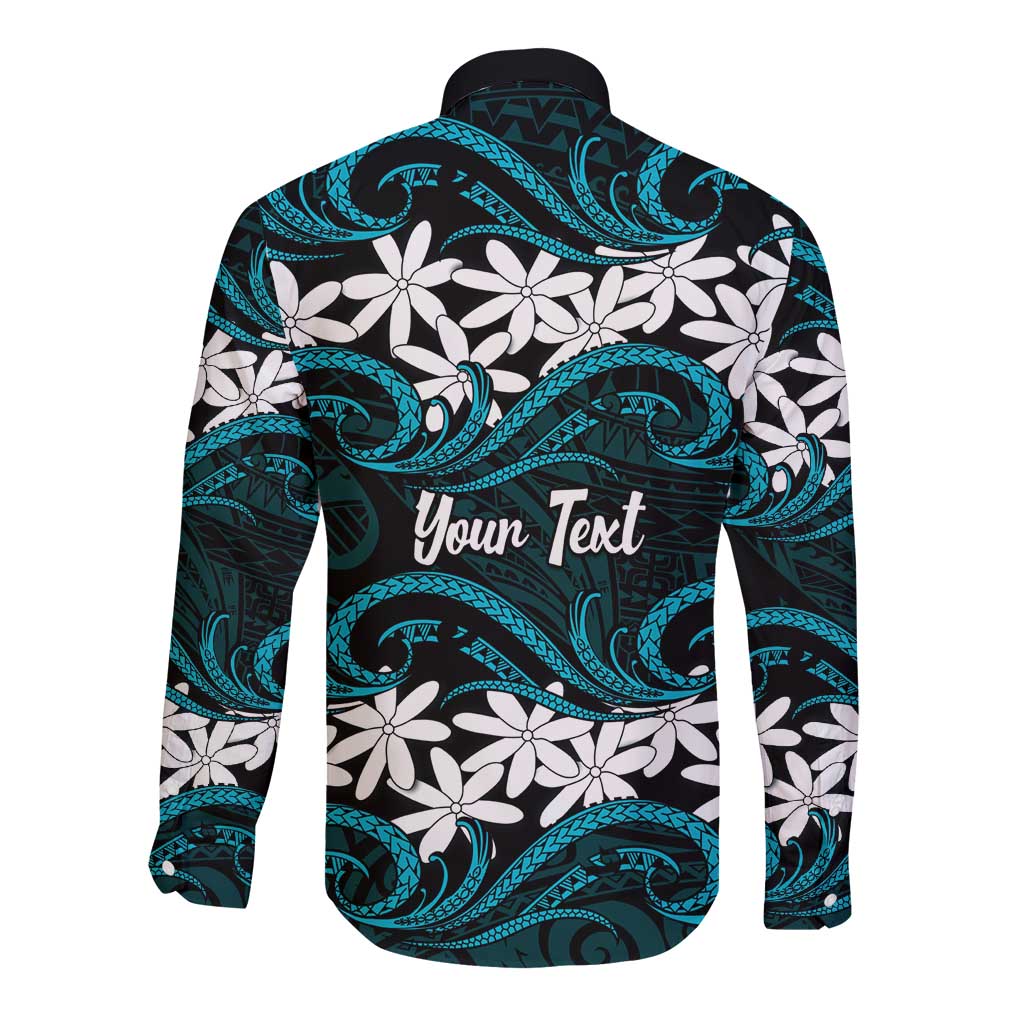 Personalised Cook Islands Penrhyn Atoll Long Sleeve Button Shirt Tiare Maori Polynesian Waves Tattoo LT14 - Polynesian Pride