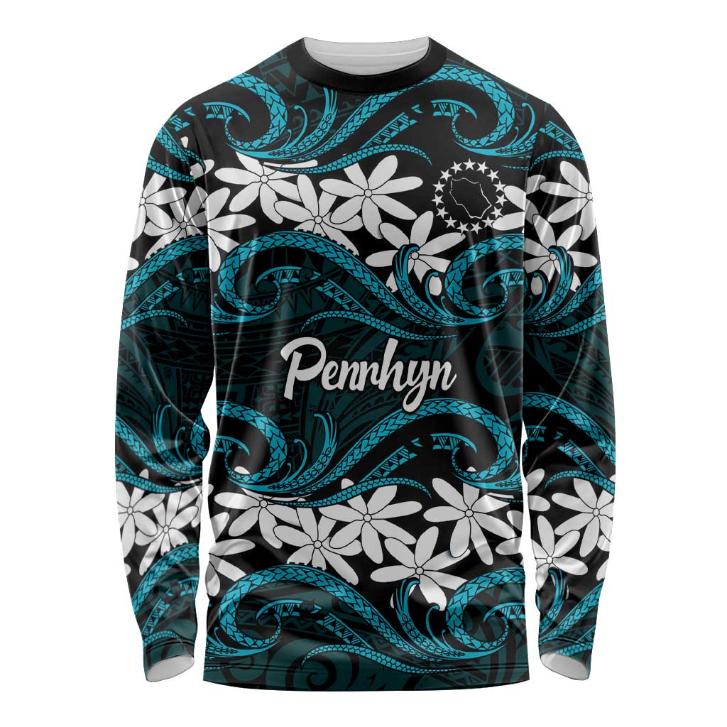 Personalised Cook Islands Penrhyn Atoll Long Sleeve Shirt Tiare Maori Polynesian Waves Tattoo LT14 Unisex Blue - Polynesian Pride