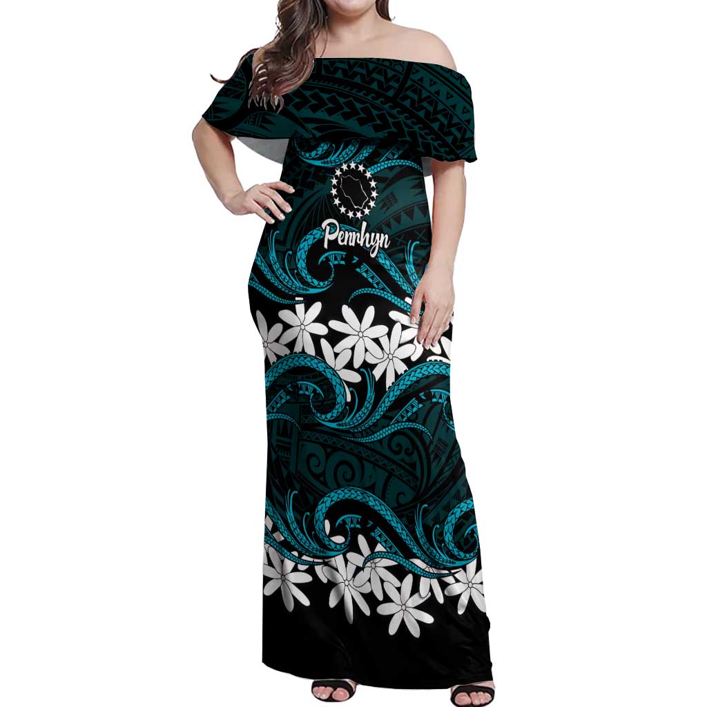 Personalised Cook Islands Penrhyn Atoll Off Shoulder Maxi Dress Tiare Maori Polynesian Waves Tattoo LT14 Women Blue - Polynesian Pride