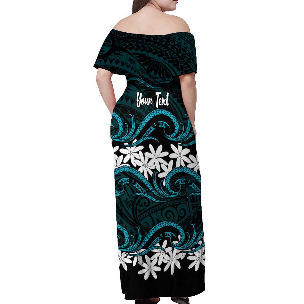 Personalised Cook Islands Penrhyn Atoll Off Shoulder Maxi Dress Tiare Maori Polynesian Waves Tattoo LT14 - Polynesian Pride