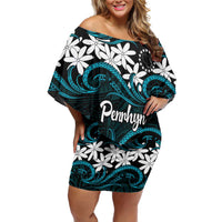 Personalised Cook Islands Penrhyn Atoll Off Shoulder Short Dress Tiare Maori Polynesian Waves Tattoo