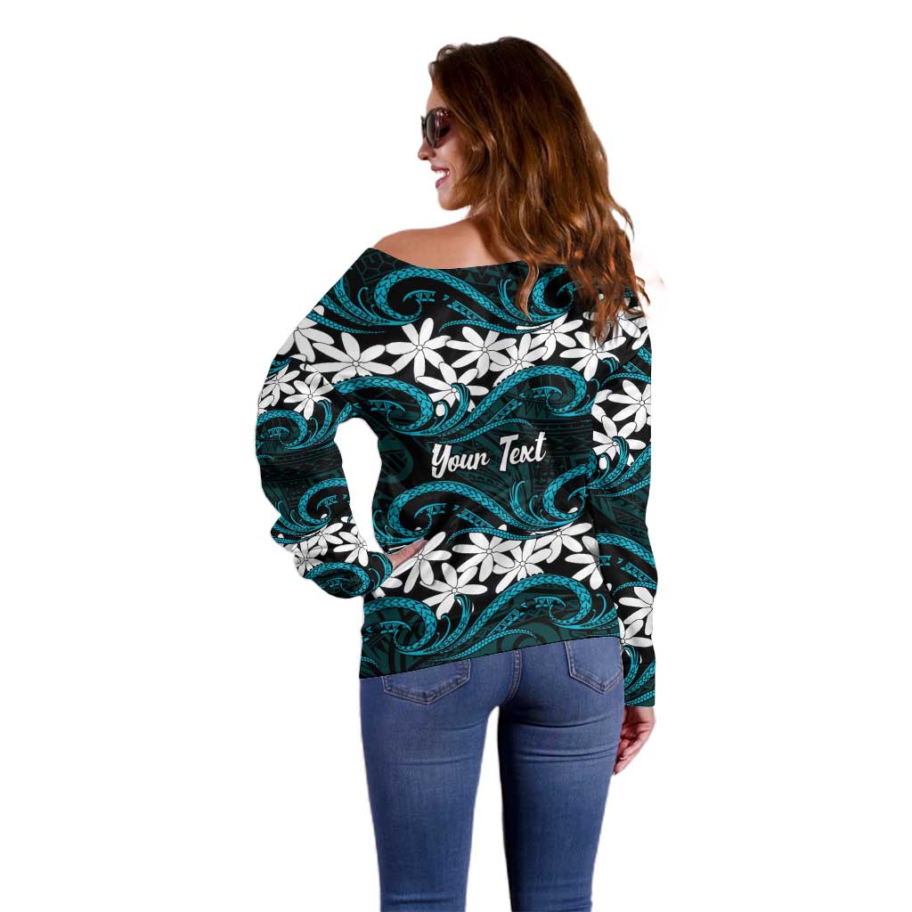 Personalised Cook Islands Penrhyn Atoll Off Shoulder Sweater Tiare Maori Polynesian Waves Tattoo LT14 - Polynesian Pride