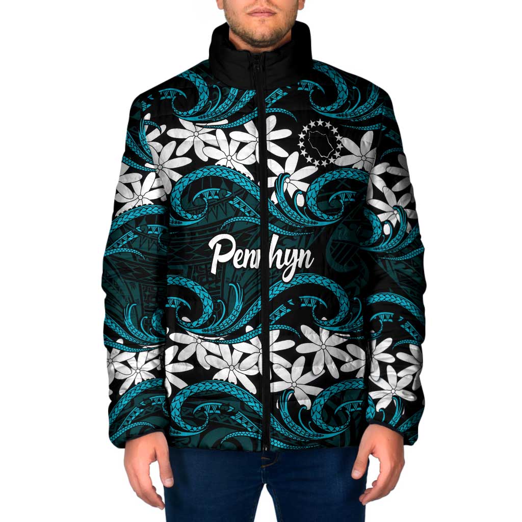 Personalised Cook Islands Penrhyn Atoll Padded Jacket Tiare Maori Polynesian Waves Tattoo LT14 Men Blue - Polynesian Pride