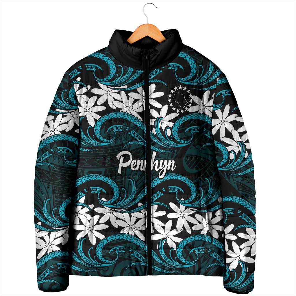 Personalised Cook Islands Penrhyn Atoll Padded Jacket Tiare Maori Polynesian Waves Tattoo LT14 - Polynesian Pride