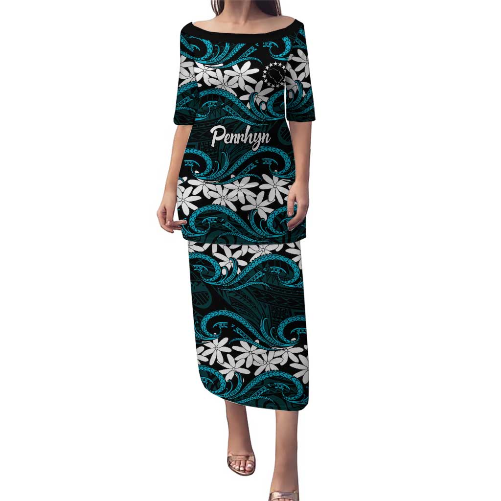 Personalised Cook Islands Penrhyn Atoll Puletasi Tiare Maori Polynesian Waves Tattoo LT14 Long Dress Blue - Polynesian Pride