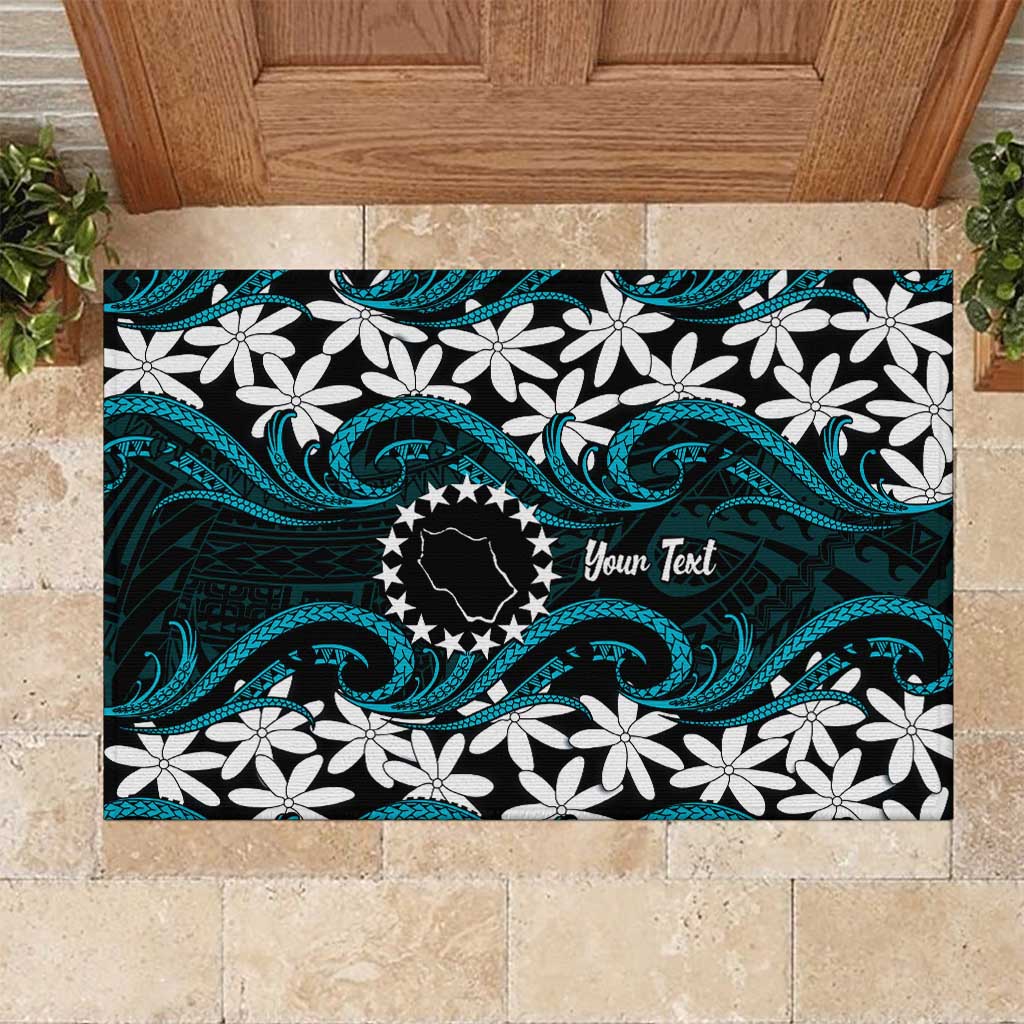 Personalised Cook Islands Penrhyn Atoll Rubber Doormat Tiare Maori Polynesian Waves Tattoo LT14 Blue - Polynesian Pride