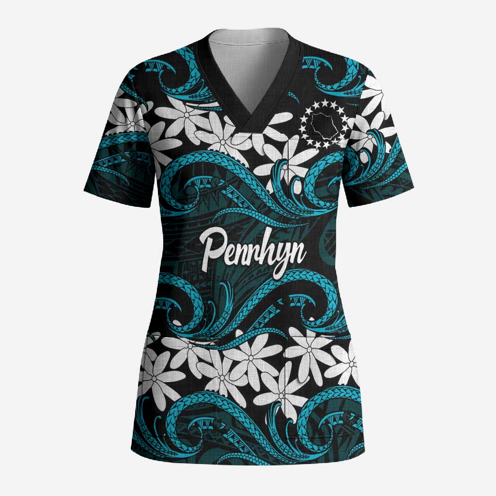 Personalised Cook Islands Penrhyn Atoll Scrub Top Tiare Maori Polynesian Waves Tattoo LT14 Adult Blue - Polynesian Pride