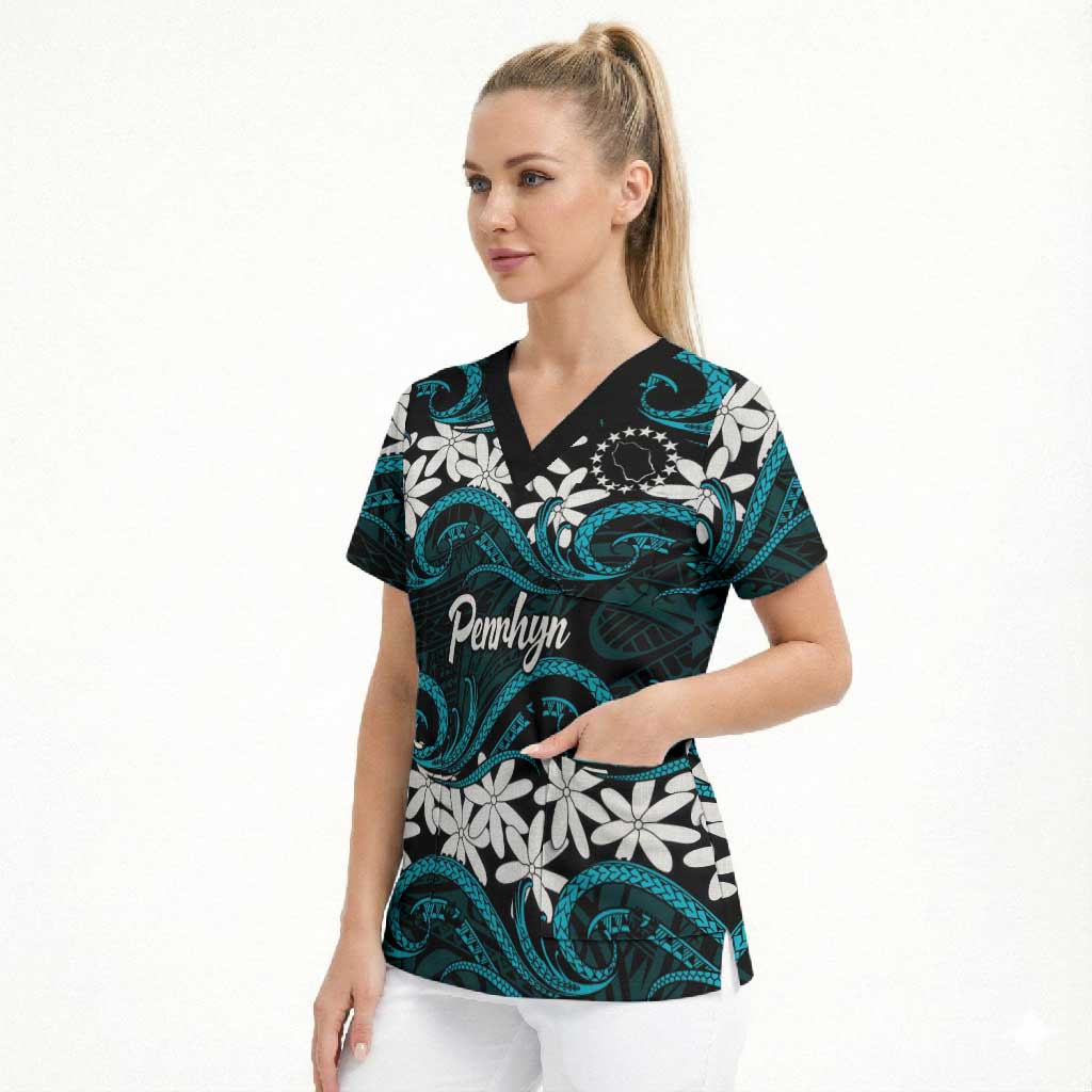 Personalised Cook Islands Penrhyn Atoll Scrub Top Tiare Maori Polynesian Waves Tattoo LT14 - Polynesian Pride