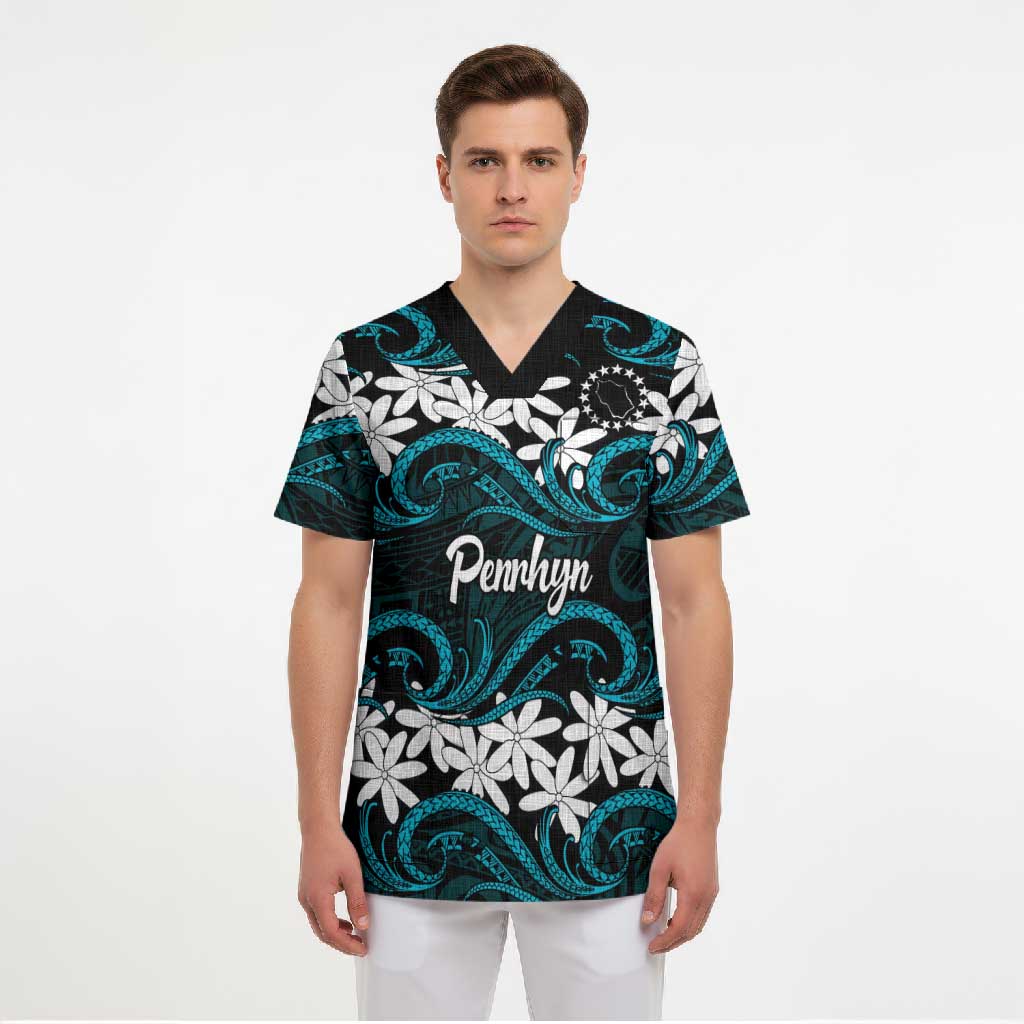 Personalised Cook Islands Penrhyn Atoll Scrub Top Tiare Maori Polynesian Waves Tattoo LT14 - Polynesian Pride